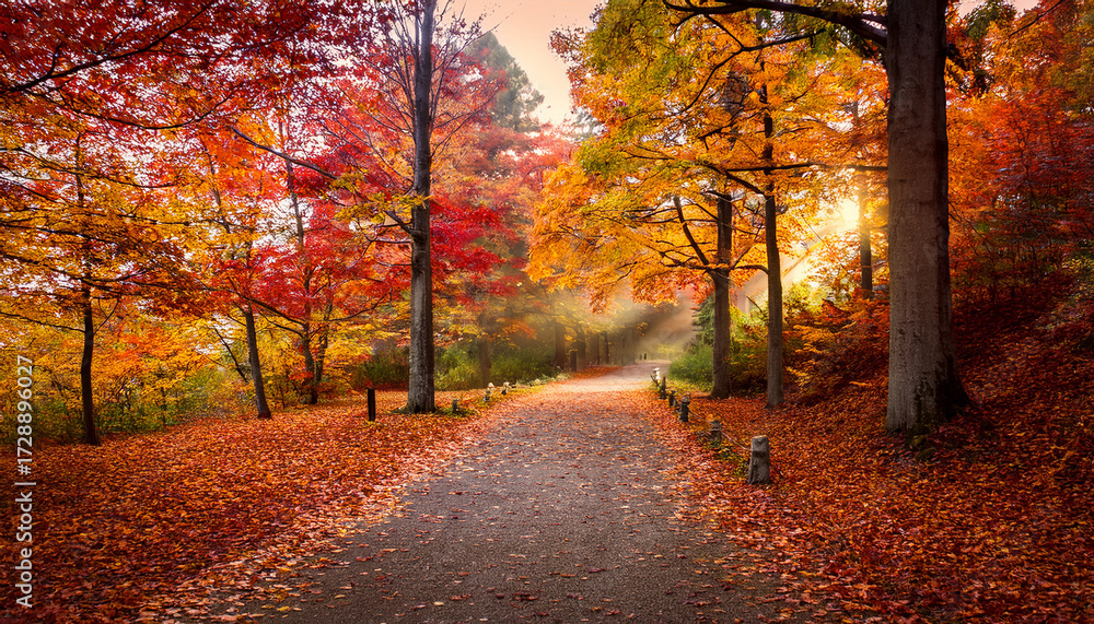 Obraz premium Scenic Autumn Pathway Surrounded By Colorful Foliage And Serene Atmosphere