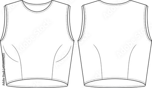Technical fashion sketch of sleeveless crop top with round neckline and princess seams for apparel construction and educational design use