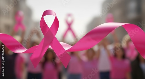 A group of people holding pink ribbons in support of breast cancer awareness.