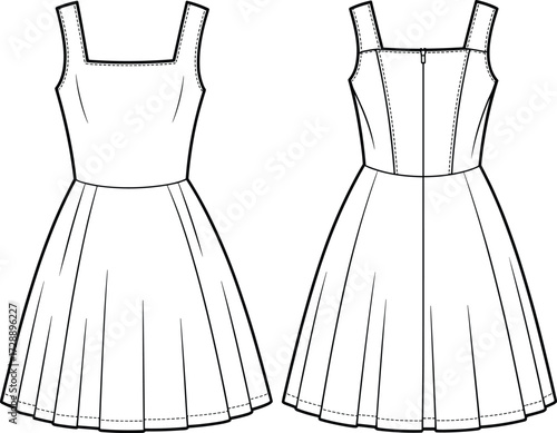 Technical fashion sketch of sleeveless dress with square neckline, pleated flared skirt, princess seams, and zipper back for design use