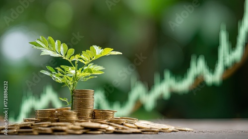Small Plant Growing From Stacked Gold Coins Against Rising Stock Market Graph