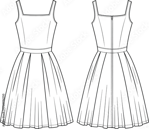 Technical fashion sketch of sleeveless dress with square neckline, wide straps, pleated flared skirt, and zipper back for design use