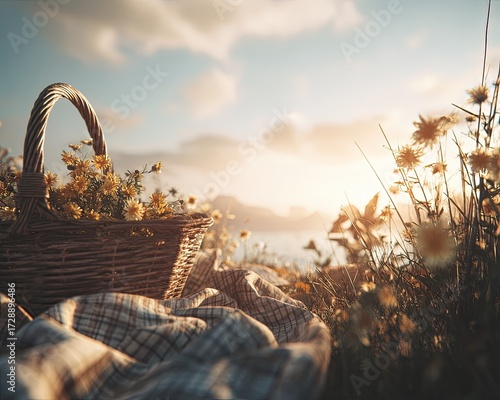 Rustic Picnic Basket With Flowers At Sunset