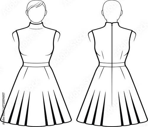 Technical fashion sketch of sleeveless pleated dress with high neckline, tailored bodice, and back zipper for apparel and educational use