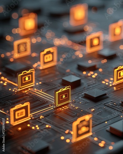 Abstract Circuit Board With Glowing Battery Icons