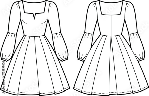 Technical fashion sketch of square neckline dress with puffed sleeves and pleated skirt for costume construction and educational design use