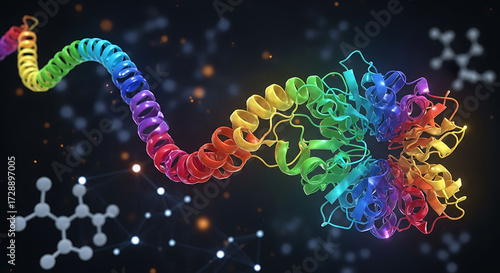 Colorful protein model visualization laboratory scientific illustration digital 3d viewpoint molecular concept