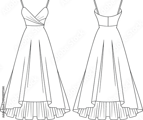 Technical fashion sketch of spaghetti strap dress with wrap bodice, high-low hemline, and pleated underskirt for formalwear design use