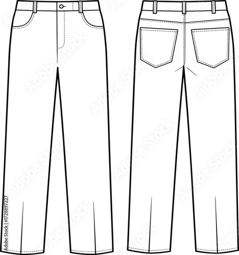Technical fashion sketch of straight-leg pants with waistband, belt loops, zipper fly, back yoke, and patch pockets for design use