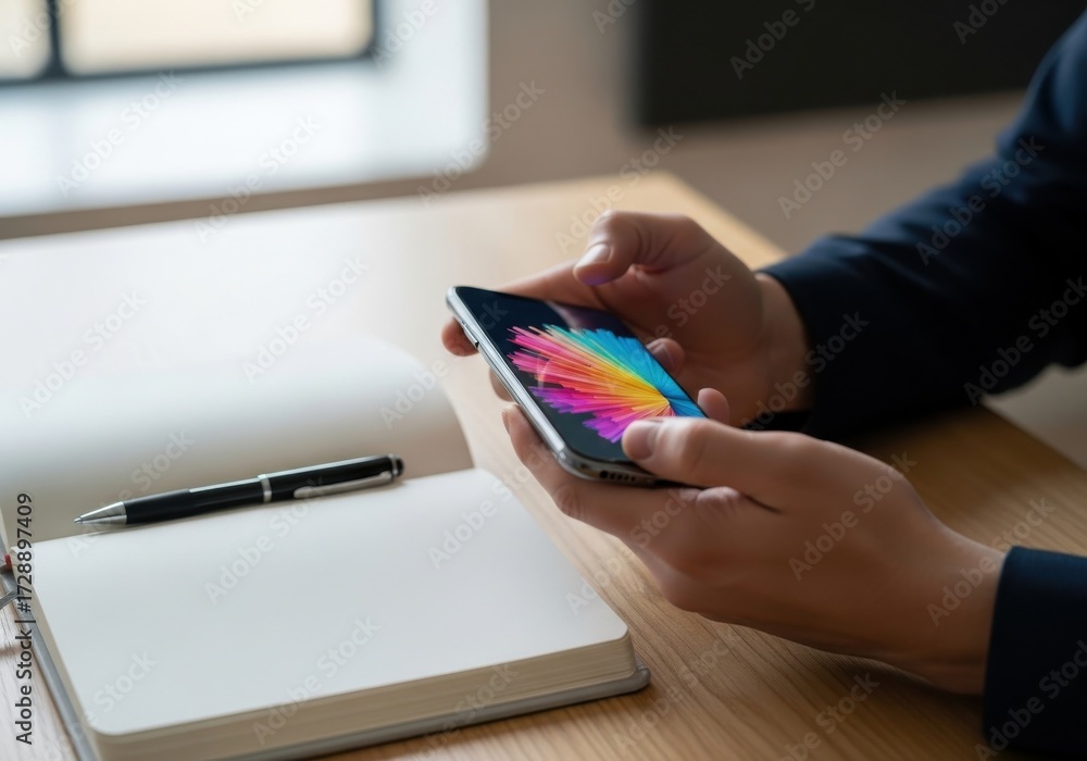 Fototapeta premium Person Holding Smartphone with Colorful Display in Office Setting