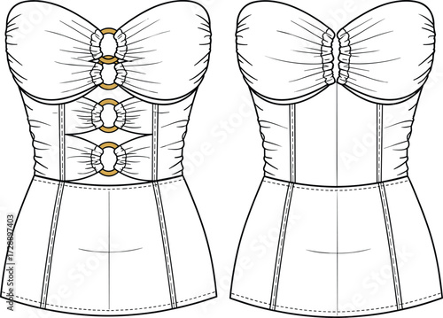Technical fashion sketch of strapless top with sweetheart neckline, gathered bust, and metallic ring detail for apparel and design use