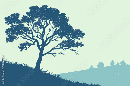 Monochrome Tree and Bald Eagle Landscape Vector - Detailed Nature Scene Graphic