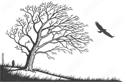 Lush Tree Silhouette Landscape Vector with Flying Birds - Duotone Blue Scenic Graphic