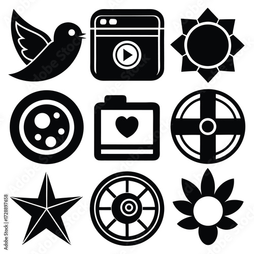 Comprehensive black and white social media icon set for digital platforms