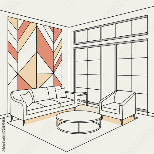 Modern living room featuring stylish furniture, geometric wallpaper, and large windows flooding space