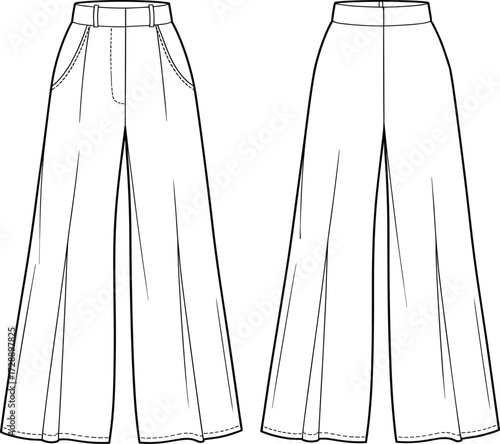 Technical fashion sketch of wide-leg pants showing front and back construction details for apparel design and educational illustration use