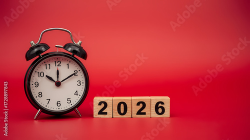 Happy New Year 2026 celebration with vintage alarm clock striking midnight and wooden blocks showing 2026, festive minimal countdown design on red background.