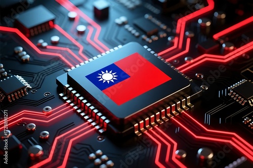 Electronic circuit board. Semiconductor microchip with Taiwan flag. Country leadership in global chip manufacturing and advanced technology innovation. precision engineering, digital industry