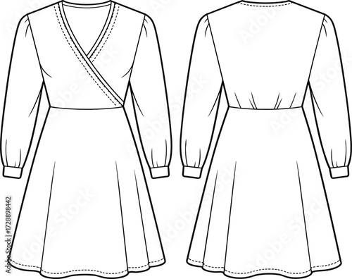 Technical fashion sketch of wrap-style V-neck dress with gathered long sleeves, fitted waist, and A-line skirt for design use
