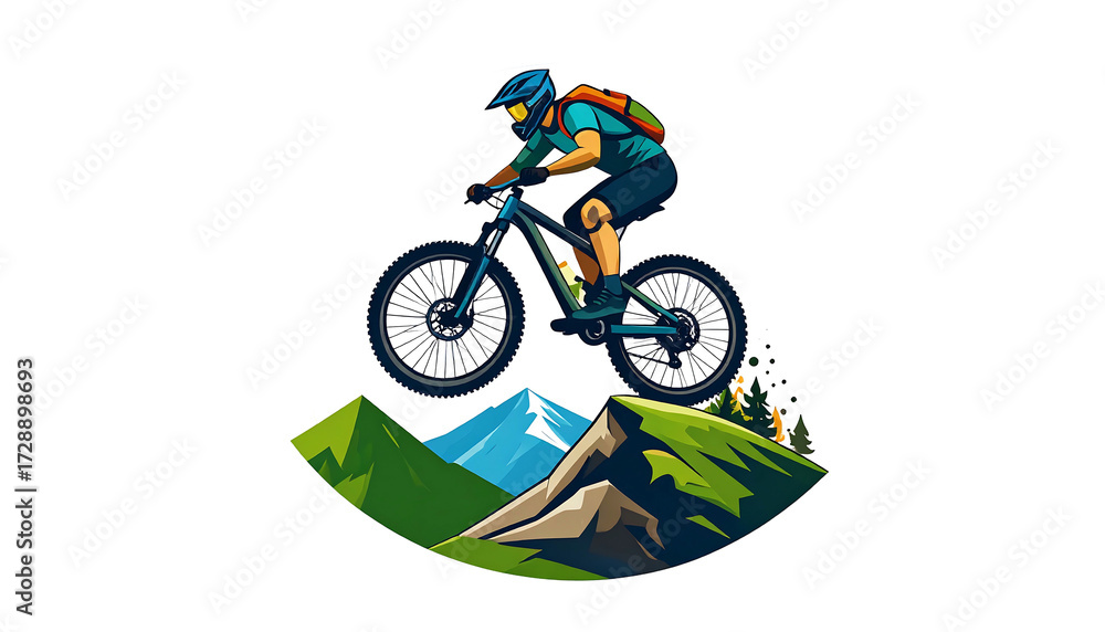 Fototapeta premium Mountain biker jumping over rocks and trees.