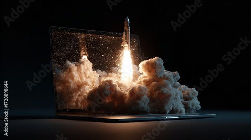 Space rocket takes off from mobile device with smoke.
