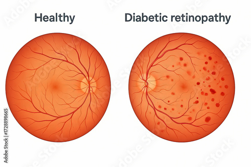 Close-up illustration showing a healthy retina and a retina affected by diabetic retinopathy, with blood vessels and red spots.