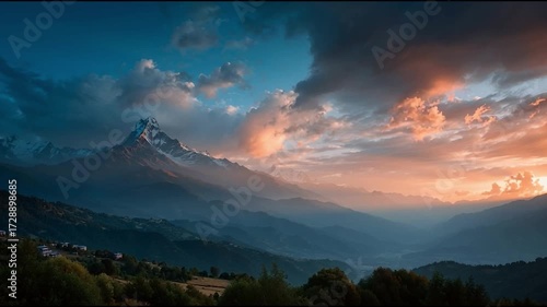sunset over mountain peaks dramatic sky