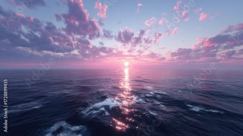 Dramatic Sunset Over Ocean Horizon with Pink Clouds and Reflections on Water Surface Creates a Calming and Serene Atmosphere in the Sky and Below