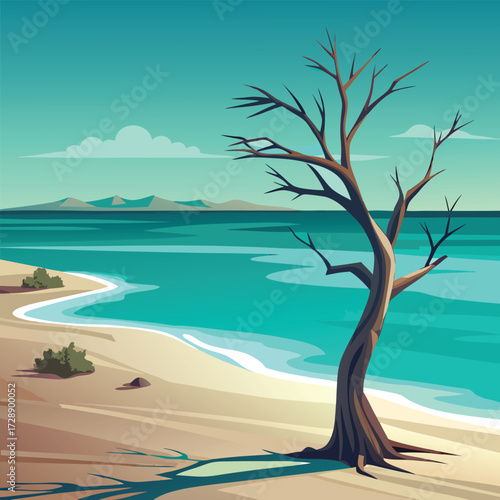 Stylized Dead Tree on a Sandy Beach by the Turquoise Ocean