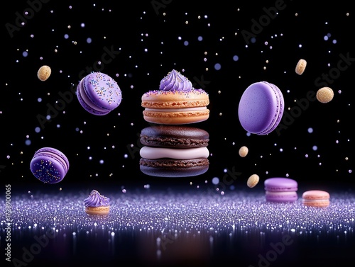 Colorful macarons in mid-air