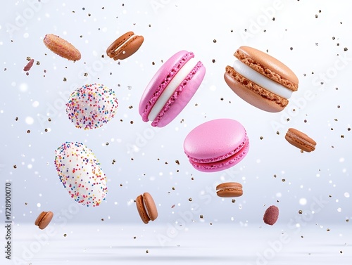 Colorful macarons in mid-air