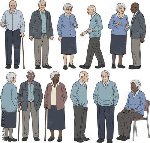 Isolated a Eldery people line cad art of senior men and women standing walking talking sitting in front back and side view. Symbol for architecture and landscape design drawing vector art.