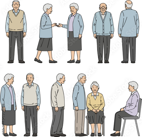 Isolated a Eldery people line cad art of senior men and women standing walking talking sitting in front back and side view. Symbol for architecture and landscape design drawing vector art .