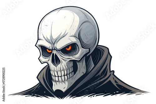 Stylized skull illustration with glowing red eyes and hooded cloak on white background