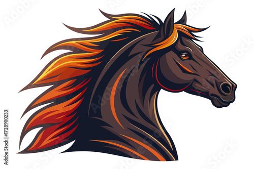 Stylized horse head illustration with flowing mane in fiery red and orange tones