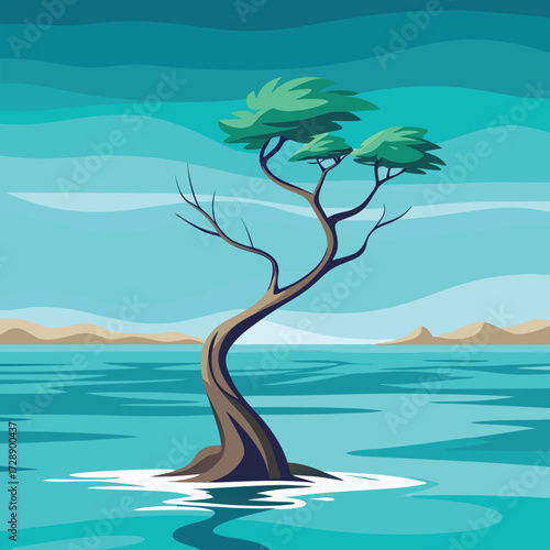 Tree in shallow water with distant hills and stylized sky