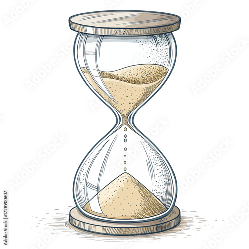 Realistic hourglass illustration with transparent glass, flowing sand, and wooden caps on white background