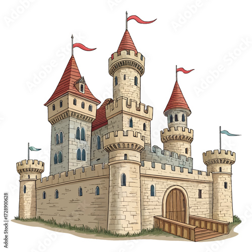 Stylized medieval castle illustration with stone towers, red conical roofs, and flags isolated on white background