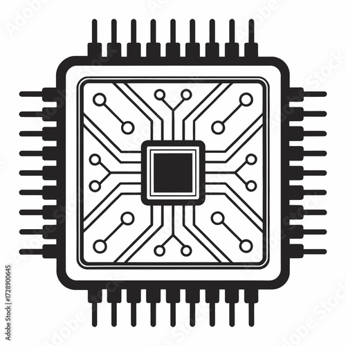 Stylized microchip icon with central processor and radial circuit connections isolated on white background