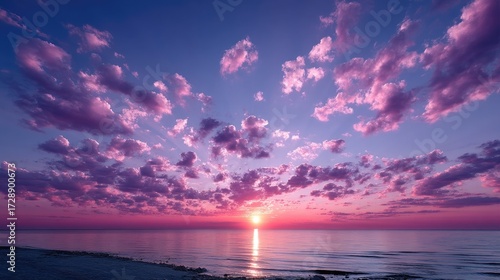 Dramatic Sunset with Pink Clouds Over Calm Ocean Landscape in Twilight