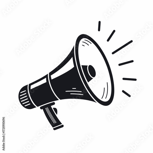 Vintage-style megaphone icon with sound lines and shaded handle in black and white