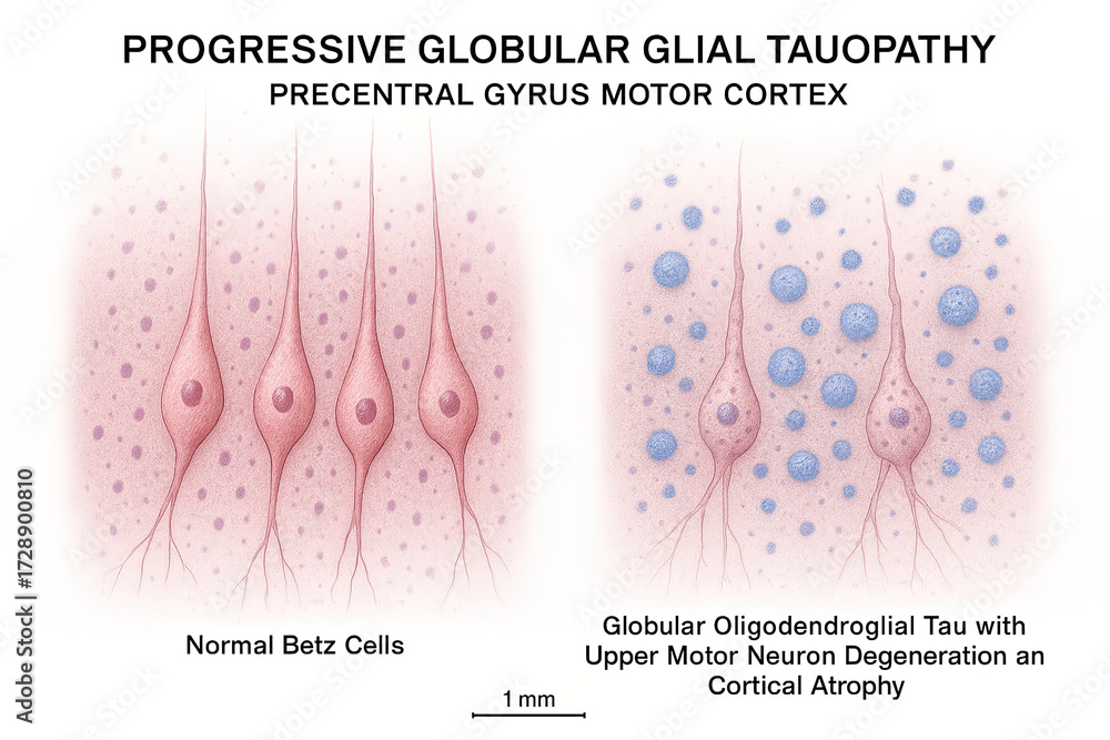Obraz premium Illustration comparing normal Betz cells in the motor cortex with those affected by progressive globular glial tauopathy, showing cellular degeneration and atrophy.