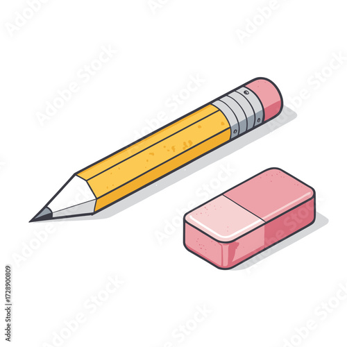 Stylized pencil and eraser icon with sharpened tip and pink rubber details isolated on white background