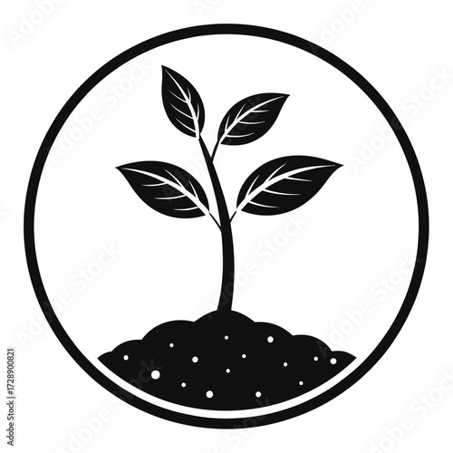 Stylized plant icon with six leaves growing from soil inside circular frame in black and white