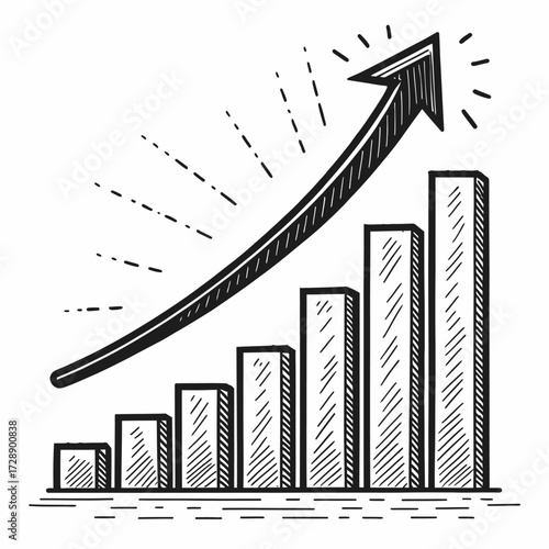 Sketch-style bar graph icon with upward arrow and radiating lines isolated on white background