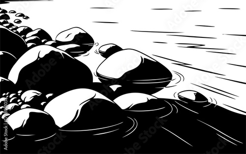 Serene shoreline with smooth stones reflecting in calm water, a peaceful black and white graphic illustration