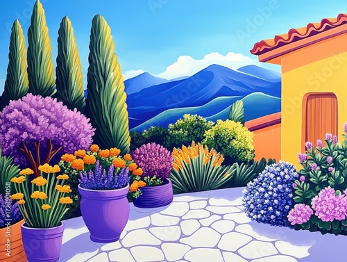 Vibrant garden patio with mountain views