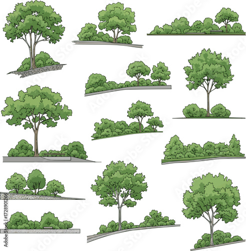  Isolated a kinds of deferent Architectural Drawings vector exterior park forest section. hand drawn. Elevations. cad line. Green outdoor vector art with white background..