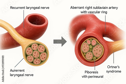 Illustration of Ortner's Syndrome caused by aberrant right subclavian artery compressing the recurrent laryngeal nerve.