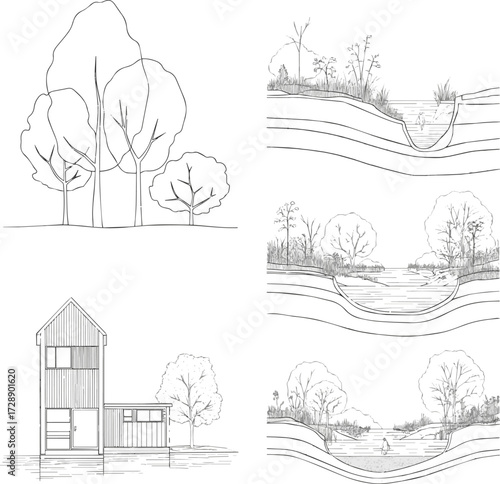 Isolated a kinds of deferent Architectural Drawings, Minimal style cad tree line drawing, Side view, set of section wetland forest outline for landscape design drawing in seperate element vector art .